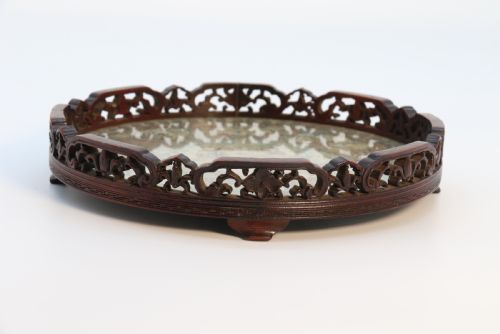 ANTIQUE CHINESE CARVED HARDWOOD AND SILK EMBROIDERED TRAY CIRCA 1860 - ADDITIONAL PHOTO 9