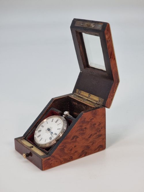 fig 1. A pocket watch night or travel box, brass bound inlaid tulipwood, ebony and amboyna veneer, circa 1860