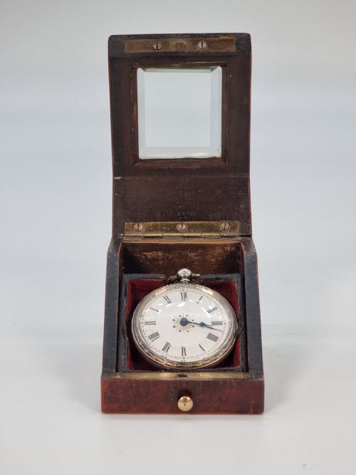 fig 2. A pocket watch night or travel box, brass bound inlaid tulipwood, ebony and amboyna veneer, circa 1860
