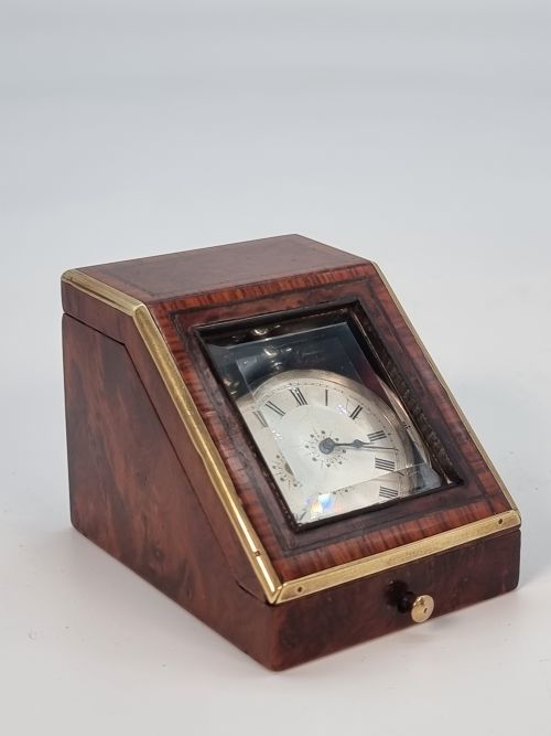 A Pocket Watch Night or Travel Box, Brass Bound Inlaid Tulipwood, Ebony and Amboyna Veneer, Circa 1860