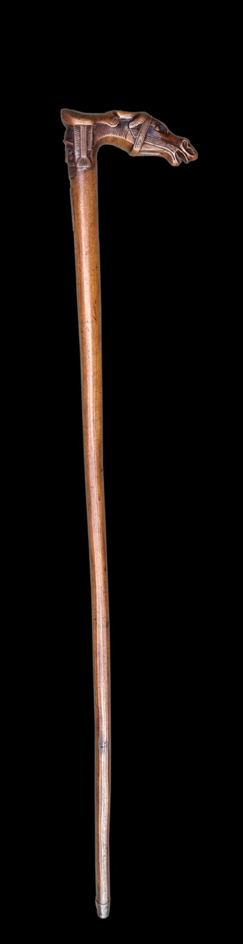 A 19th C Antique Grand Tour Walking Stick with an Equestrian Racehorse Carved Handle.