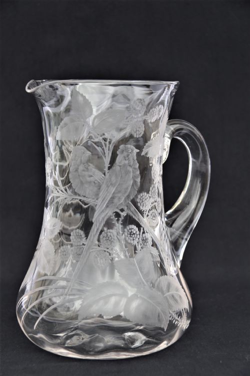 English Stourbridge Hand Engraved Glass Jug Attributed to William Fritsche.