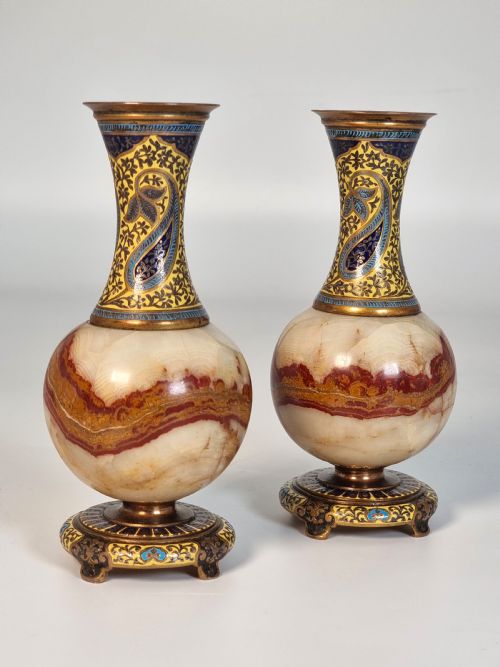 A Pair of French Champlevé Enamel Ormolu and Onyx Vases Circa 1880