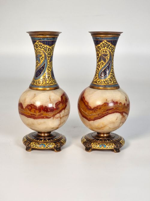 fig 1. A pair of French champlevé enamel ormolu and onyx vases circa 1880