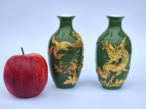 a miniature pair of chinese porcelain and lacquer decorated vases - CATEGORY: ANTIQUE VASES - DATED 1930