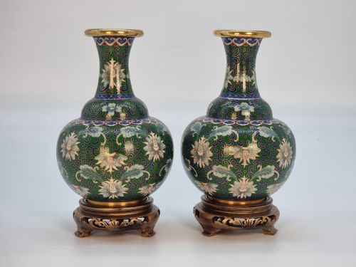 A Pair of Chinese Cloisonné Enamel Vases and Stands C 1930