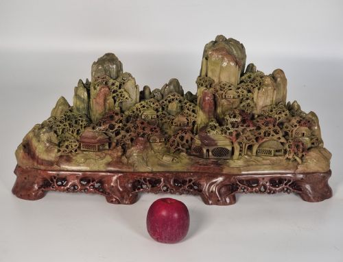 A Fine Chinese Carved Soapstone Continuous Landscape of Unusually Large Proportions