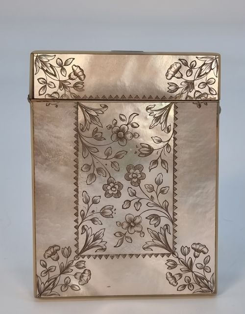 fig 1. A fine British calling card case, early 19th C mother of pearl with engraved shooting scene.