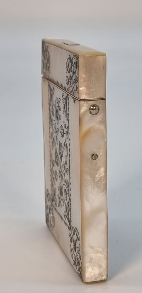 fig 2. A fine British calling card case, early 19th C mother of pearl with engraved shooting scene.