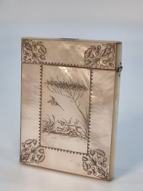 A Fine British Calling Card Case, Early 19th C Mother of Pearl with Engraved Shooting Scene.