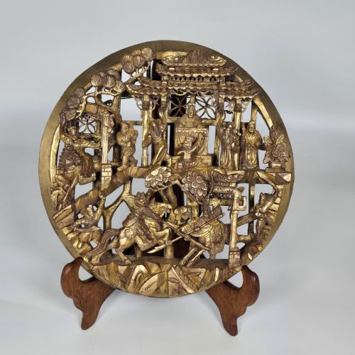 A Fine Chinese Hand Carved Gilt Wood Wall Plaque, C 1900