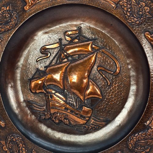 fig 2. A Cornish copper Arts and Crafts charger by J. F Poole of Hayle, Cornwall, England