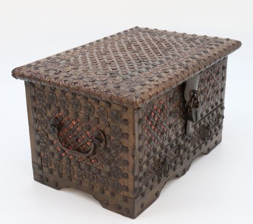 A Highly Decorative Small Zanzibar Brass and Copper Mounted Chest or Strongbox