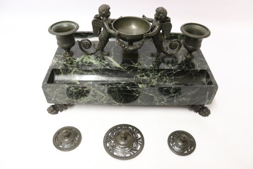 EMPIRE PERIOD BRONZE AND MARBLE DESK TOP INKSTAND BY LEFEBVRE OF BELGIUM CIRCA 1820 - ADDITIONAL PHOTO 4