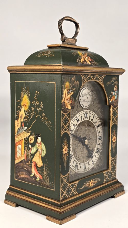 A Rare Miniature Green Lacquer and Chinoiserie Bracket Clock