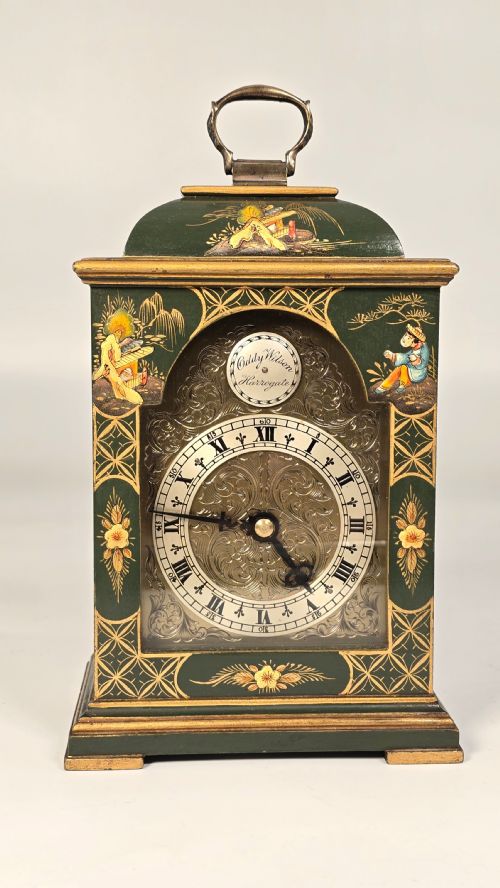 fig 2. A rare miniature green lacquer and chinoiserie bracket clock