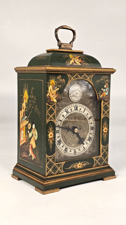 fig 3. A rare miniature green lacquer and chinoiserie bracket clock