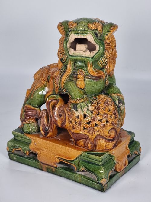 fig 1. A large pair of Chinese pottery foo dogs with sancai glaze