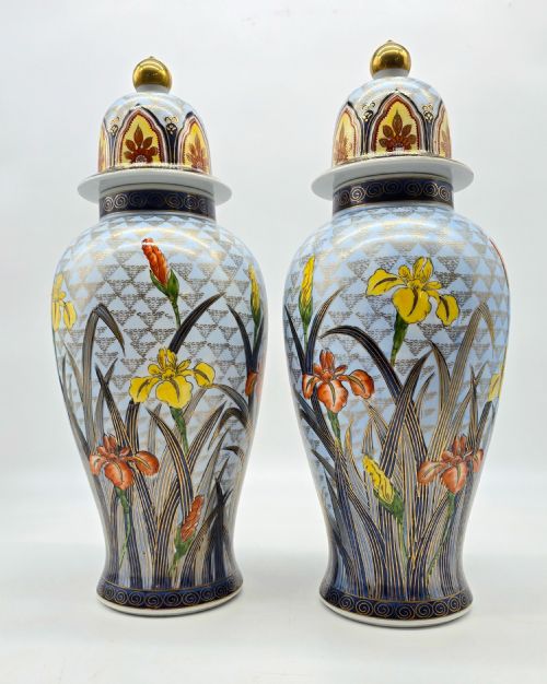 A Large Pair of Japanese  Painted Porcelain Ginger Jars C 1920