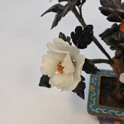 A RARE CHINESE CLOISONN AND MIXED CARVED HARDSTONE FLOWERING BONSAI TREE - ADDITIONAL PHOTO 14