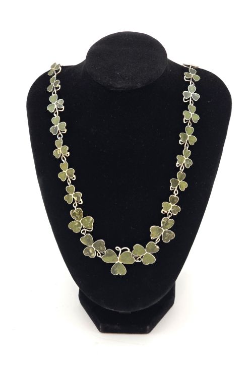 A Silver Irish Shamrock Necklace Inlaid with Serpentine Marble Cut Leaves.

