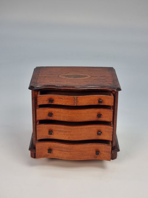 A MINIATURE 18TH C ENGLISH SERPENTINE CHEST OF DRAWERS VENEERED IN SATINWOOD WITH MARQUETRY SIGNED AND DATED 1907 - ADDITIONAL PHOTO 12