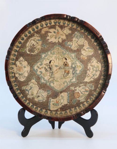 ANTIQUE CHINESE CARVED HARDWOOD AND SILK EMBROIDERED TRAY CIRCA 1860