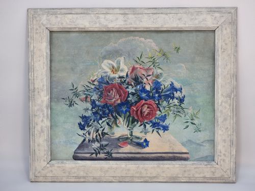 fig 1. A framed mid-century tempera painting depicting a arrangement of red roses, white lilies, and blue flowers in a glass vase on a stone pedestal.