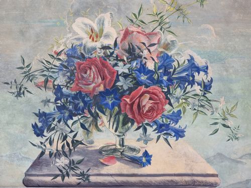 fig 2. A framed mid-century tempera painting depicting a arrangement of red roses, white lilies, and blue flowers in a glass vase on a stone pedestal.
