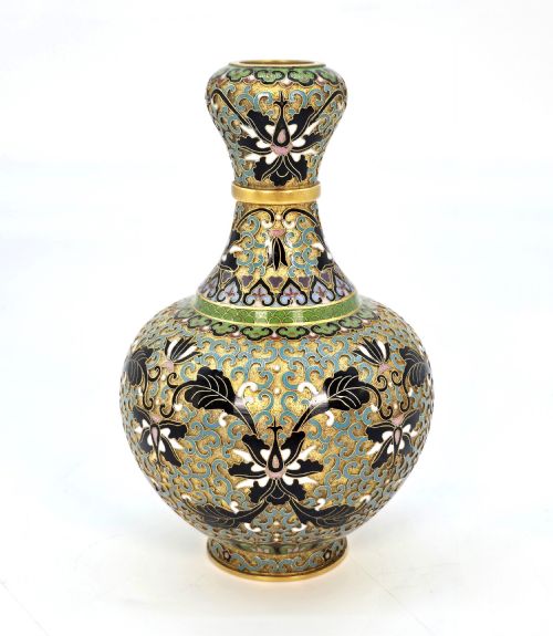 fig 1. A Chinese gilt metal vase decorated with colourful cloisonne enamel floral scrolls and stylized lotus blooms on a textured gold ground.