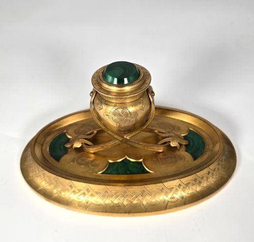 A Superb 19th C English Gilt Bronze and Malachite Desk Inkstand