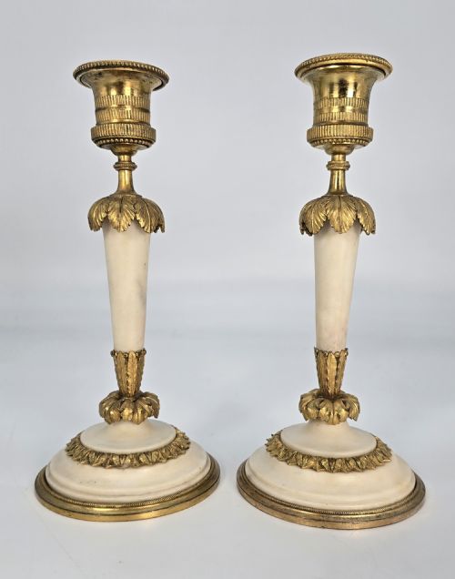 fig 1. A fine pair of 19th C French ormolu and marble French candlesticks