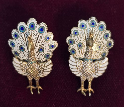 A Pair of Silver and Enamel Asian Peacock Earrings
