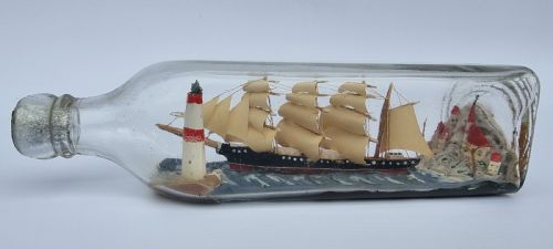 A Rare Four Mast 18th Century Ship in a Bottle, English Folk Art.