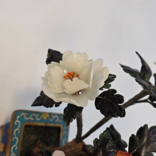 A CLOISONN AND MIXED CARVED HARDSTONE FLOWERING CHINESE BONSAI TREE - ADDITIONAL PHOTO 14