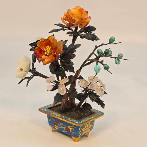 A CLOISONN AND MIXED CARVED HARDSTONE FLOWERING CHINESE BONSAI TREE - ADDITIONAL PHOTO 1