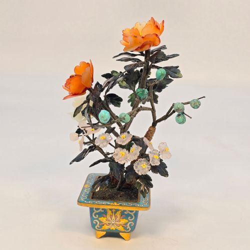 A CLOISONN AND MIXED CARVED HARDSTONE FLOWERING CHINESE BONSAI TREE - ADDITIONAL PHOTO 2