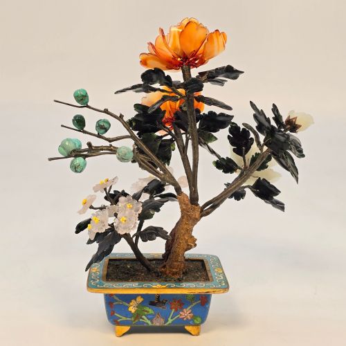 A CLOISONN AND MIXED CARVED HARDSTONE FLOWERING CHINESE BONSAI TREE - ADDITIONAL PHOTO 4