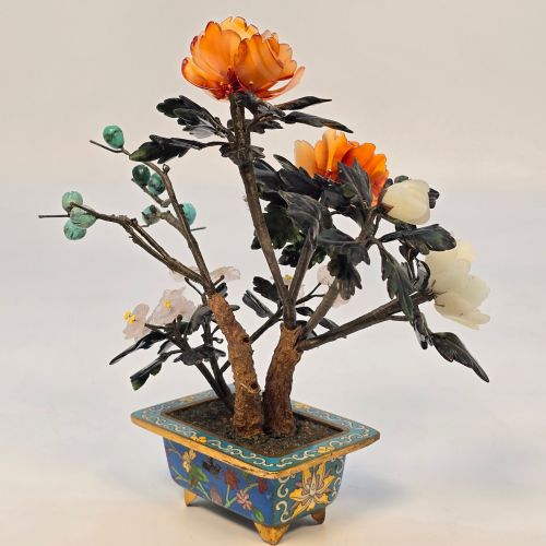 A CLOISONN AND MIXED CARVED HARDSTONE FLOWERING CHINESE BONSAI TREE - ADDITIONAL PHOTO 5