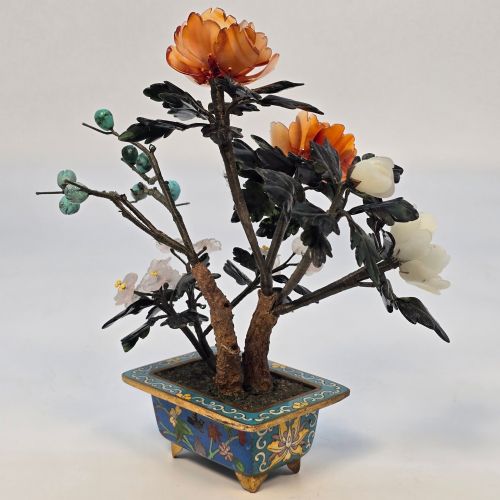 A CLOISONN AND MIXED CARVED HARDSTONE FLOWERING CHINESE BONSAI TREE - ADDITIONAL PHOTO 6