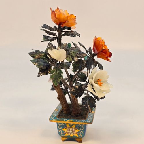 A CLOISONN AND MIXED CARVED HARDSTONE FLOWERING CHINESE BONSAI TREE - ADDITIONAL PHOTO 7
