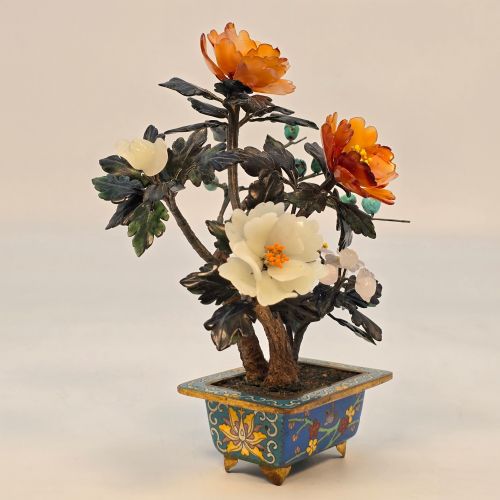 A CLOISONN AND MIXED CARVED HARDSTONE FLOWERING CHINESE BONSAI TREE - ADDITIONAL PHOTO 8