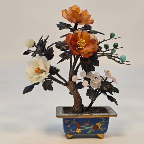 A CLOISONN AND MIXED CARVED HARDSTONE FLOWERING CHINESE BONSAI TREE - ADDITIONAL PHOTO 9