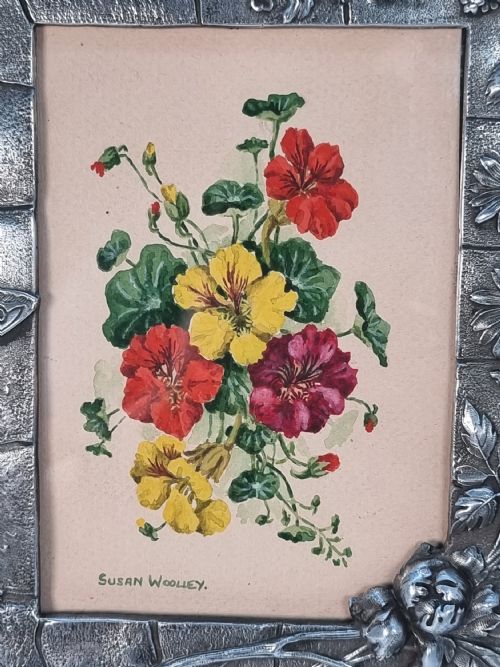 A FRENCH AESTHETIC MOVEMENT PEWTER FRAME WITH A FLORAL WATERCOLOUR PAINTING - ADDITIONAL PHOTO 9