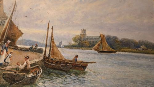 fig 3. An oil painting depicting a harbour scene with sailboats and buildings, encased in a carved gold gilt frame.