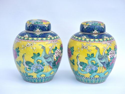 A PAIR OF CHINESE GINGER JARS HAND PAINTED CIRCA 1930