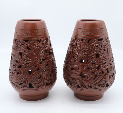 CHINESE YIXING RETICULATED 19TH CENTURY PAIR OF POTTERY VASES