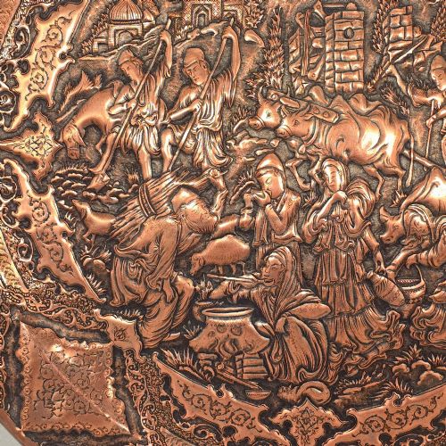 fig 1. A circular Persian copper charger featuring detailed central repousse relief surrounded by intricate arabesque and paisley borders.