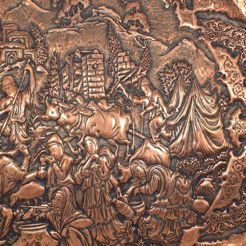 fig 2. A circular Persian copper charger featuring detailed central repousse relief surrounded by intricate arabesque and paisley borders.
