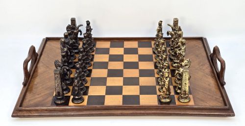 REVERSABLE CHESS BOARD AND SORRENTO WARE TRAY WITH BRONZE CHESS PIECES C1880
